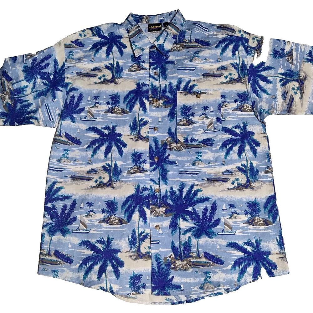 HUTSPAH Men Large Blue Cotton Tropical Camp Hawaiian‎ Shirt Made In USA EUC
